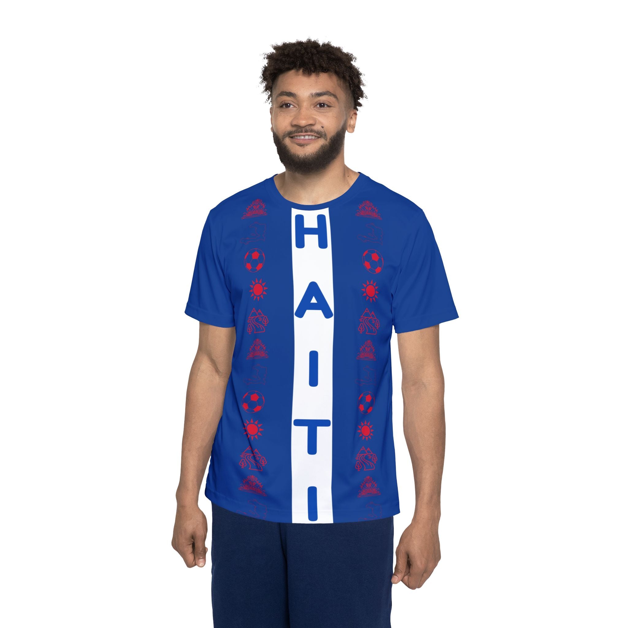 Haiti Vertical Stripe Sports Jersey — Blue Athletic Tee with HAITI Center Panel